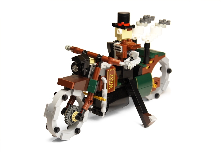 LEGO MOC - Steampunk Machine - Thomas Watts' Steam Motorcycle (Miniland): <br>Generator produces enough electricity to power a lamp and electrodynamic suspension.<br><br><br />
