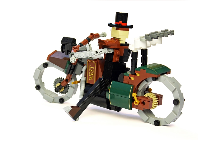 LEGO MOC - Steampunk Machine - Thomas Watts' Steam Motorcycle (Miniland): <br>Asynchronous two-cylinder engine with superheat can reach speeds up to 30 miles per hour.<br>