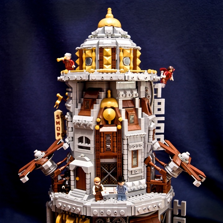 LEGO MOC - Steampunk Machine - Skyholm - the flying city: 2-ой уровень. Квартиры здесь может позволить себе только очень обеспеченный человек. Большинство домов выполнено в классическом Викторианском стиле, многим напоминающим о родном Лондоне. На одной из вывесок мы видим первый год работы Skyholm- 1859 год.