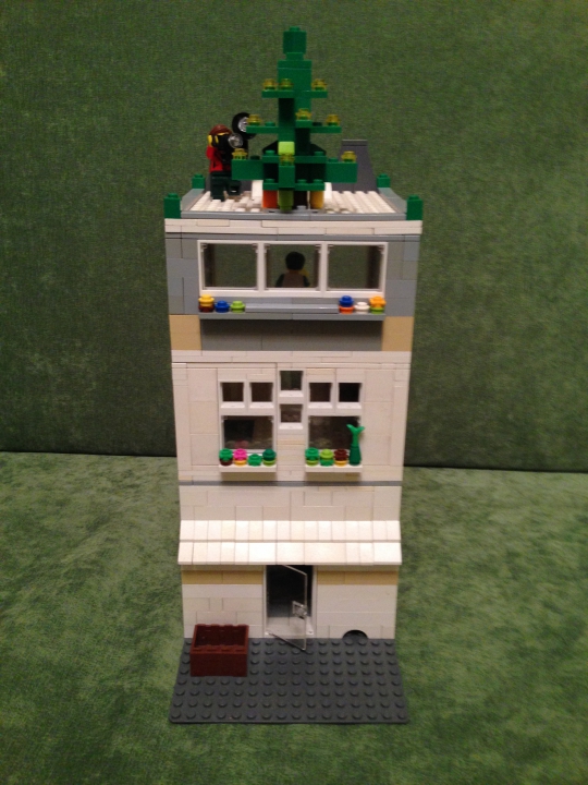 LEGO MOC - New Year's Brick 2014 - Прекрасный Новогодний Домик): Задний двор дома.Тут можно увидеть цветы в клумбах(клумбы подвешены под окнами),ящик с ненужными вещами и елка.