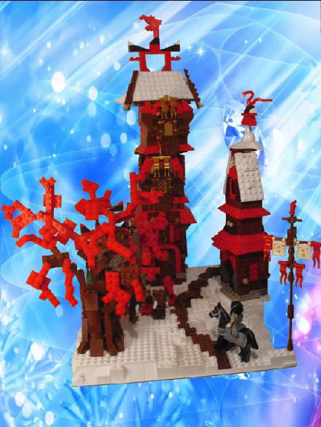 LEGO MOC - New Year's Brick 2014 - Монастырь Рубинового Дракона: Здесь, в этих суровых северных условиях, растут кровавые деревья, названы они так из-за цвета и тепла листьев. Сам монастырь весьма красив, даже в после самых сильных снегопадов, которые в этих местах нередки, монахи счищают снег с крыш храмов, не счищают лишь с самой верхней крыши.
