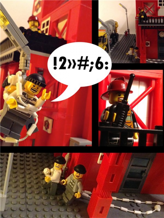 LEGO MOC - New Year's Brick 2014 - Дежурство в новогоднюю смену: Борода выхватил рацию и срочно связался с дежурным.<br />
<p>- Дежурный! Дежурный! Это пожарник-борода срочно ответь!<br />
<p>- На связи!<br />
- Срочно вызови наряд полиции и объявляй тревогу, я вижу двух убегающих преступников их срочно нужно задержать!