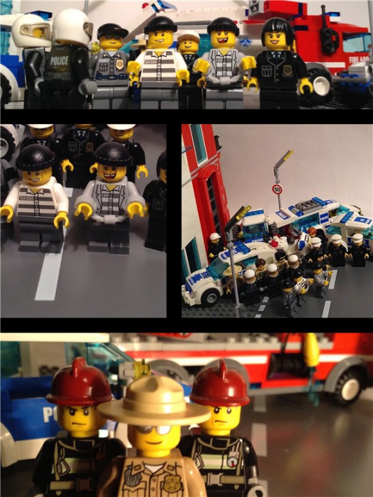 LEGO MOC - New Year's Brick 2014 - Дежурство в новогоднюю смену: Спайдермен купил подарок тетушке и вернулся на крышу, что бы понаблюдать за тем, как полиция посадит преступников в полицейскую машину и отвезет их в тюрьму. Он так и не узнал, что они вырвались из его паутины и почему все вокруг хвалят пожарников и шерифа.