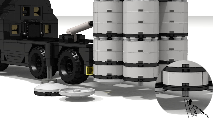 LEGO MOC - LDD-contest '20th-century military equipment‎' - Air Defense Missile Systems S-300PS: Пуск ракеты осуществляется из вертикально расположенного транспортно-пускового контейнера. Ракета выбрасывается из контейнера катапультой, приводимой в действие при срабатывании порохового аккумулятора давления, на высоту около 20 метров.