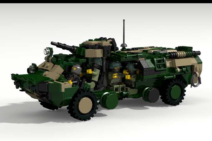 LEGO MOC - LDD-contest '20th-century military equipment‎' - BTR-80: БТР-80 имеет компоновку с расположением отделения управления в лобовой, совмещённого десантного и боевого — в средней, а моторно-трансмиссионного — в кормовой части машины. Штатный экипаж БТР-80 состоит из трех человек: командира отделения (машины), механика-водителя и наводчика; помимо них, бронетранспортёр может перевозить 7 мотострелков.