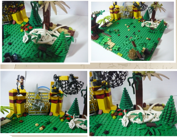 LEGO MOC - Jurassic World - Атака разъяренного динозавра на лагерь охотников.: На этом фото, мы можем лучше рассмотреть саму местность, без динозавра и машины. Виден рельеф, кусты, трава, деревья, так же в глубине виднеются кости динозавра, уже умершего.
