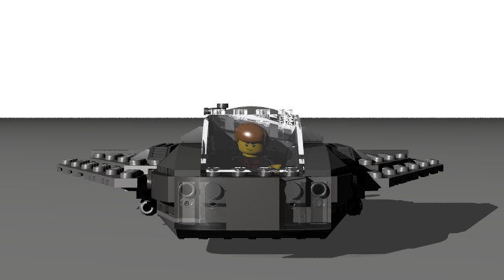 LEGO MOC - Submersibles - Подводный аппарат SM-4: Строго спереди. Спереди на бампере находятся две 'фары' для освещения пути под водой. Под крыльями находятся небольшие торпеды, которые предназначены для отбивания от угроз. И да, не обращайте внимания на 'размазанного' по стеклу пилота, просто у этого стекла какая-то странная оптика.