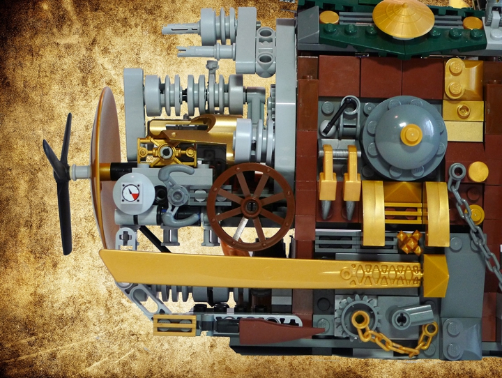 LEGO MOC - Submersibles - Golden Lionardo: Ну и наконец, главная фишка модели! Вам представляется уникальная возможность увидеть «Золотого Лайонардо»… В разрезе! И он оснащен, как и полагается порядочному пиратскому кораблю, парой здоровенных пушек. Вот они. В носовой части, если можно так выразиться.<br />
<br />
