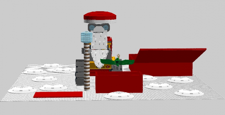 LEGO MOC - New Year's Brick 2016 - Валли — Дед Мороз: Вид спереди. В одной руке у Валли посох Деда Мороза, а в другой руке игрушечный человек-киви с крыльями.