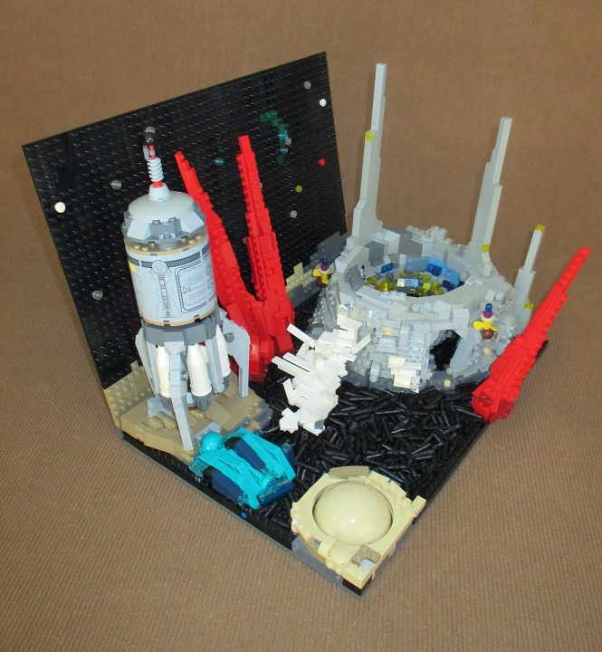 LEGO MOC - Russian Tales' Wonders - Dunno on a Moon: Одевшись в космические  скафандры  и  проверив  работу  радиотелефонной<br />
связи, наши путешественники спустились  в хвостовую часть ракеты и очутились<br />
перед  дверью шлюза. <br />
<br />
<br />
