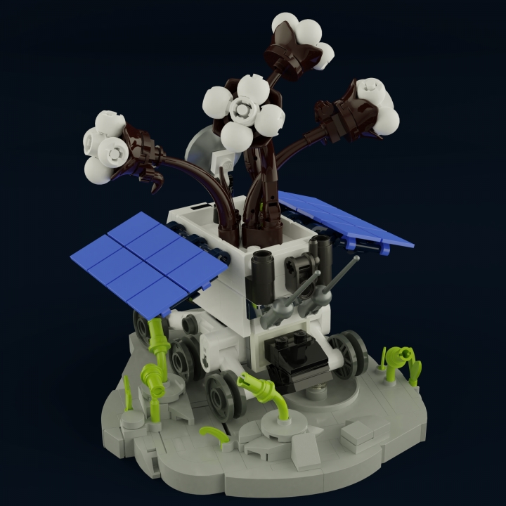 LEGO MOC - 16x16: Botany - Первые растения на Луне: </i></center> В маленьком контейнере, снабженном запасом воды и обогревательной системой, находились привезенные с Земли семена хлопчатника. В течение недели с момента начала эксперимента они проросли, однако ненадолго: низкие температуры и космическое излучение погубило растения.<center><i>