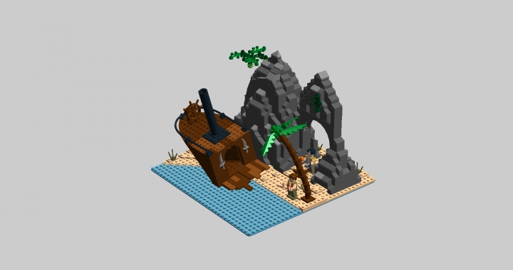 LEGO MOC - Младшая лига. Конкурс 'Средневековье'. - КРУШЕНИЕ ПИРАТСКОГО КОРАБЛЯ: Пиратам приходится выживать на острове.  