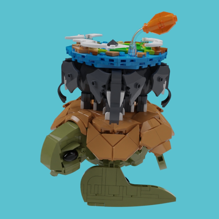 LEGO MOC - LEGO-конкурс 16x16: 'Иллюстрация' - Храбрые рептилионавты: «     ...другие миры не передвигаются по звездной бесконечности на спинах четырех исполинских слонов, которые стоят на панцире гигантской черепахи. Звали Ее – или, согласно другой школе философской мысли, Его – Великий А'Туин. <...><br />
<br />
     Звездная черепаха Великий А'Туин, чей панцирь покрыт коркой замерзшего метана, изрыт метеоритными кратерами и отшлифован астероидной пылью. Великий А'Туин, чьи глаза похожи на древние моря, а мозг размером с континент, по которому скользят маленькие сверкающие ледники-мысли. Великий А'Туин, обладатель огромных, медлительных ласт и отполированного звездами щитка, медленно, с трудом плывущий сквозь галактическую ночь и несущий на себе всю тяжесть Диска. Огромный, как миры. Древний, как Время. Безропотный, как кирпич.»‎