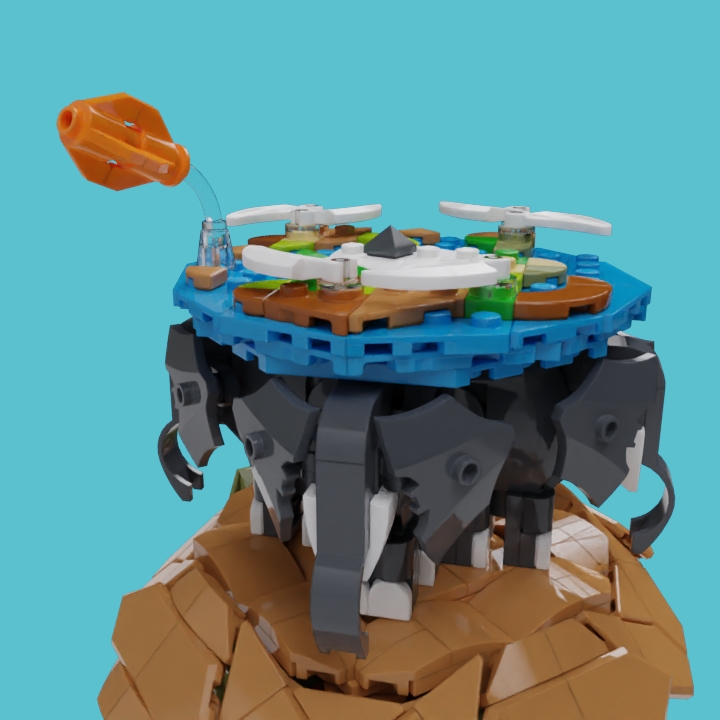 LEGO MOC - LEGO-конкурс 16x16: 'Иллюстрация' - Храбрые рептилионавты: <...><br />
«     То, что кувыркаясь проносится рядом, – это вышедшая из-под контроля бронзовая оболочка «Могучего Вояжера», этакого космического корабля эпохи неолита, построенного и вытолкнутого в пространство жрецами-астрономами Крулла. Это королевство очень удобно расположилось на самом Краю света и недавно доказало, что такая штука, как космонавтика, – в данном случае рептилионавтика, – существует даже на Плоском мире.<br />
<br />
     Внутри корабля находится Двацветок, первый турист Плоского мира. Недавно он провел несколько месяцев, путешествуя по Диску, а теперь стремительно покидает его по причинам, которые довольно-таки запутанны, но имеют некоторое отношение к попытке бегства из Крулла.<br />
<br />
     Эта попытка удалась на тысячу процентов.»‎