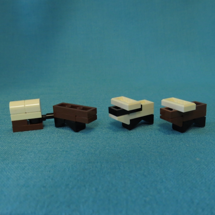 LEGO MOC - LEGO-contest 16x16: 'Western' - Вестбрик, Штат Техас: Второстепенные герои (слева направо): Лошадь с повозкой, Корова чёрно-белая, Корова коричневая.